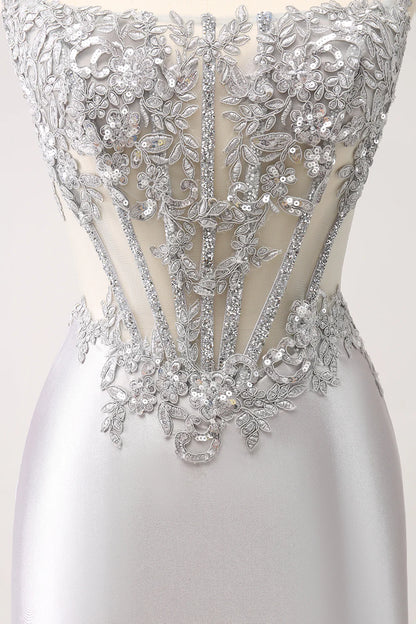 Amzcw Glitter Silver Corset Strapless Homecoming Dress