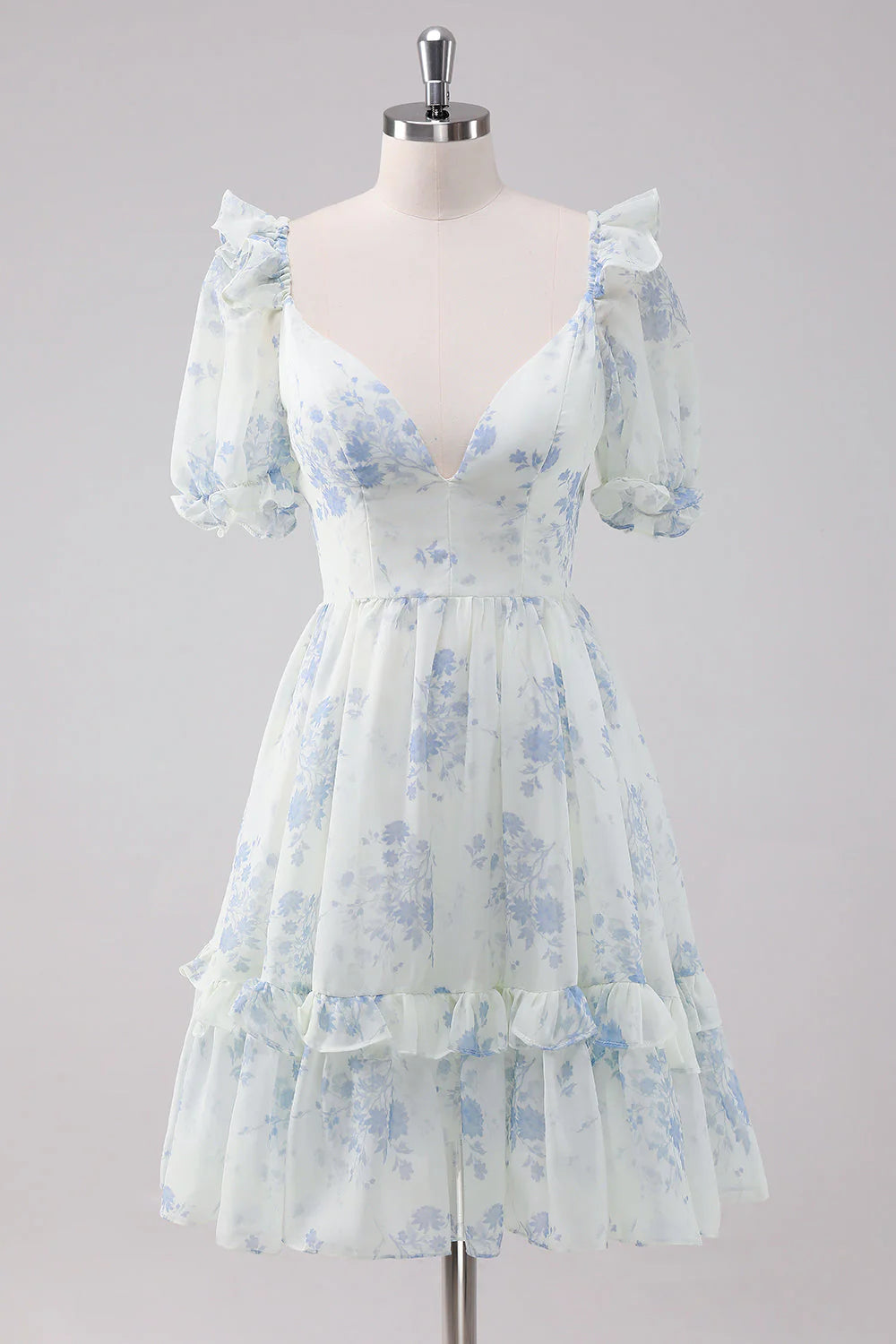 Amzcw Light Blue Floral Short Homecoming Dress with Short Sleeves