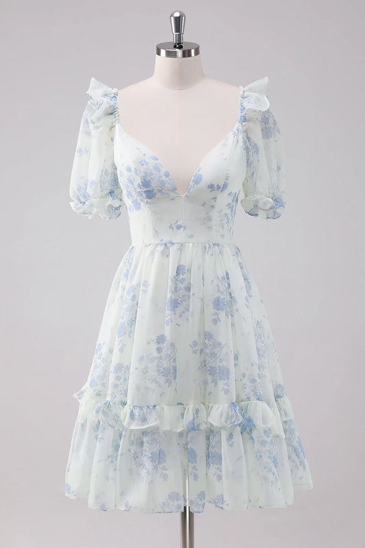 Amzcw Light Blue Floral Short Homecoming Dress with Short Sleeves