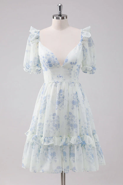 Amzcw Light Blue Floral Short Homecoming Dress with Short Sleeves