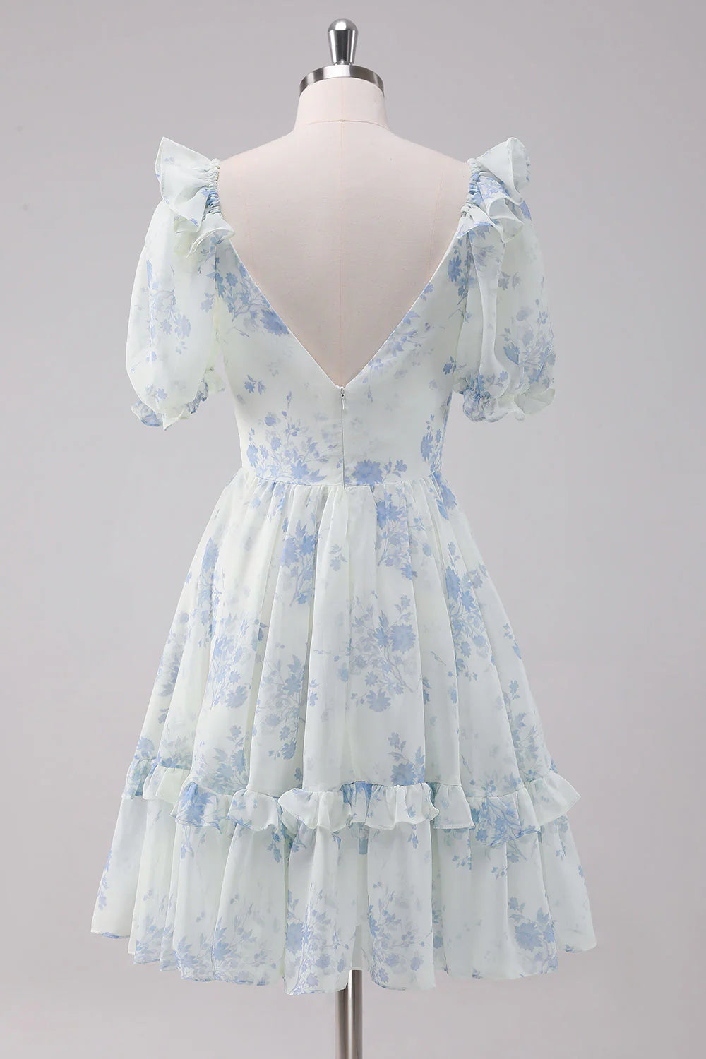 Amzcw Light Blue Floral Short Homecoming Dress with Short Sleeves