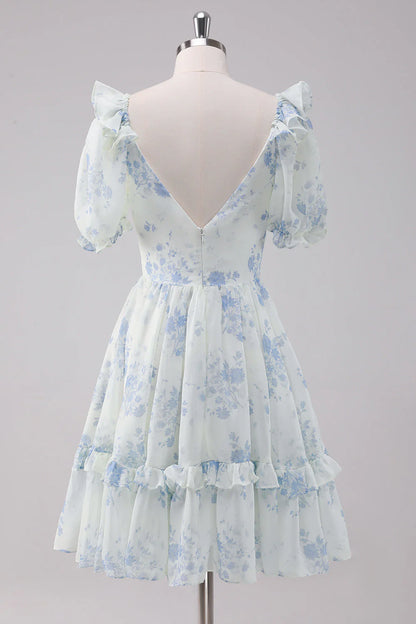 Amzcw Light Blue Floral Short Homecoming Dress with Short Sleeves