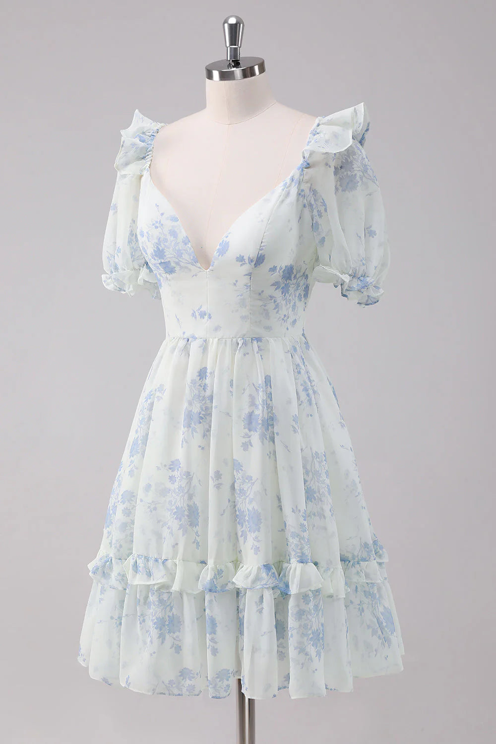 Amzcw Light Blue Floral Short Homecoming Dress with Short Sleeves