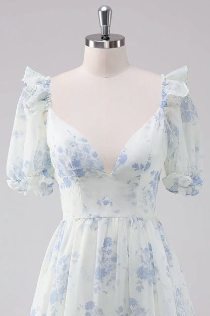 Amzcw Light Blue Floral Short Homecoming Dress with Short Sleeves