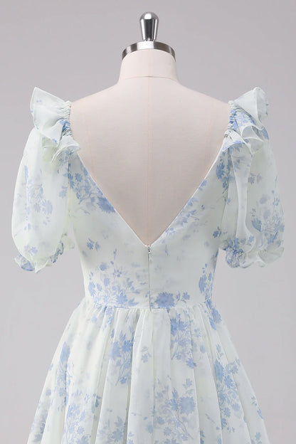 Amzcw Light Blue Floral Short Homecoming Dress with Short Sleeves