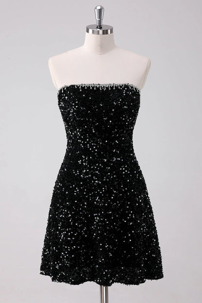 Amzcw Sparkly Black A Line Strapless Short Homecoming Dress with Sequins