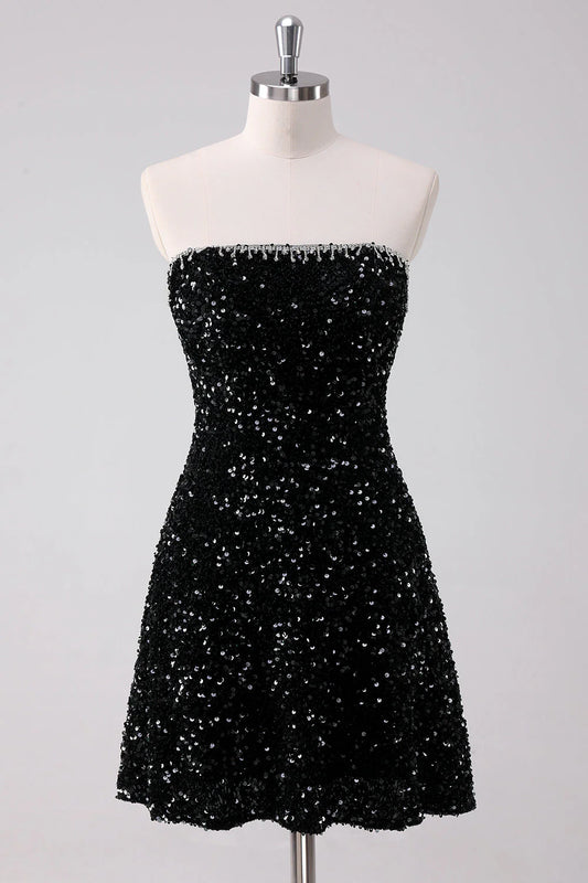 Amzcw Sparkly Black A Line Strapless Short Homecoming Dress with Sequins