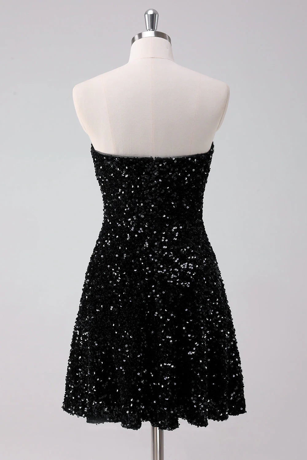 Amzcw Sparkly Black A Line Strapless Short Homecoming Dress with Sequins