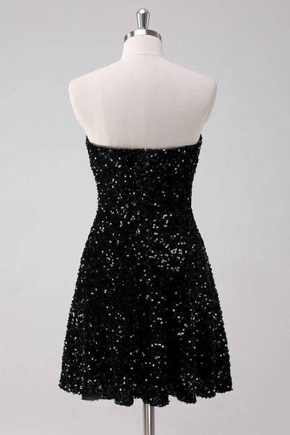 Amzcw Sparkly Black A Line Strapless Short Homecoming Dress with Sequins
