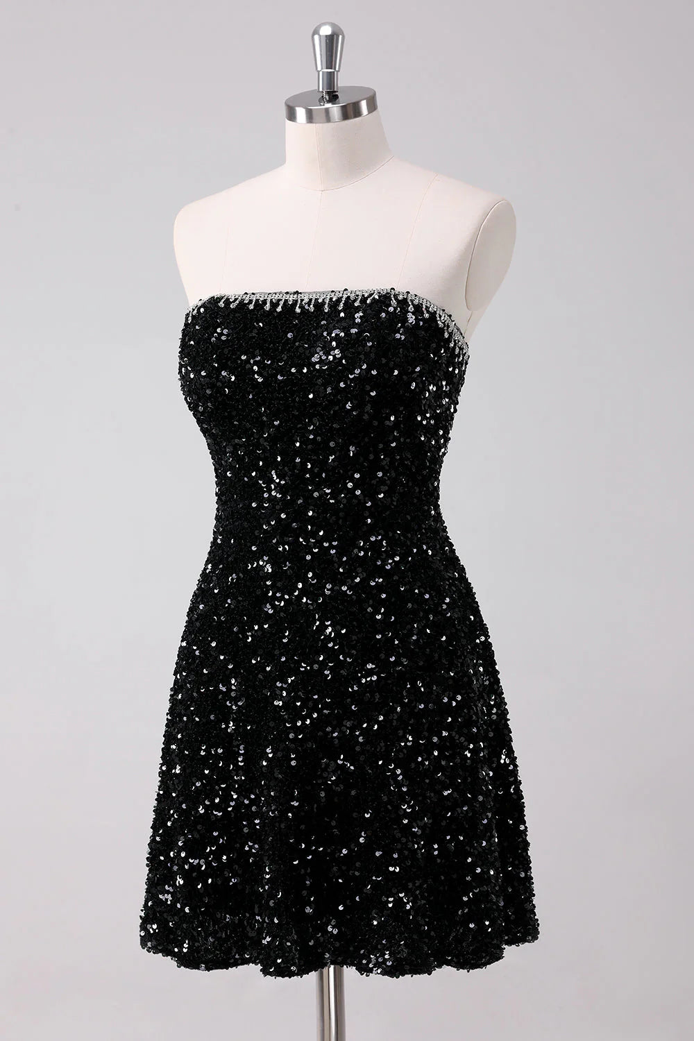 Amzcw Sparkly Black A Line Strapless Short Homecoming Dress with Sequins
