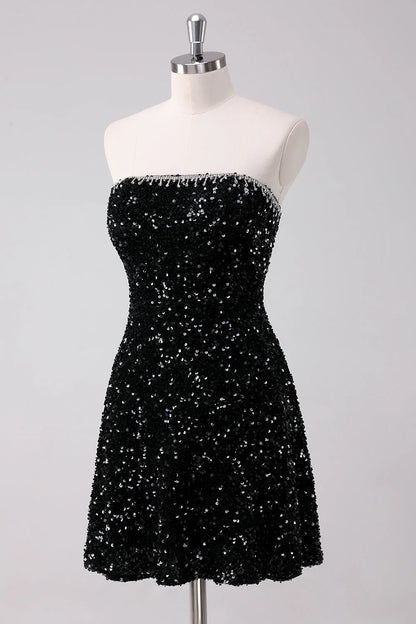 Amzcw Sparkly Black A Line Strapless Short Homecoming Dress with Sequins