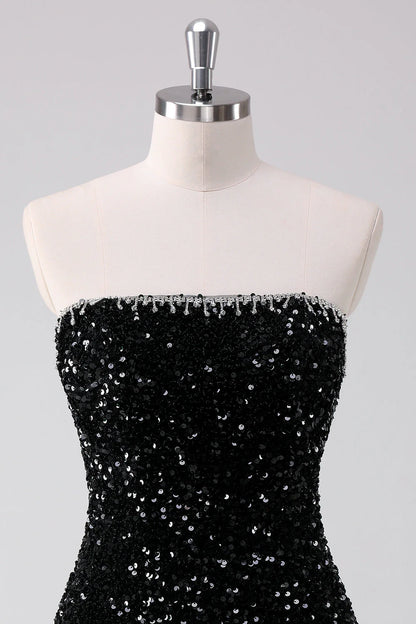 Amzcw Sparkly Black A Line Strapless Short Homecoming Dress with Sequins