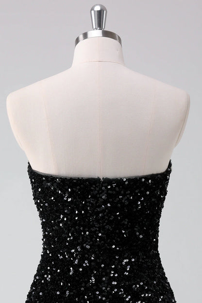 Amzcw Sparkly Black A Line Strapless Short Homecoming Dress with Sequins