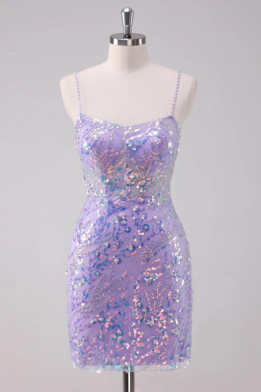 Amzcw Sparkly Purple Bodycon Spaghetti Straps Short Homecoming Dress with Sequins