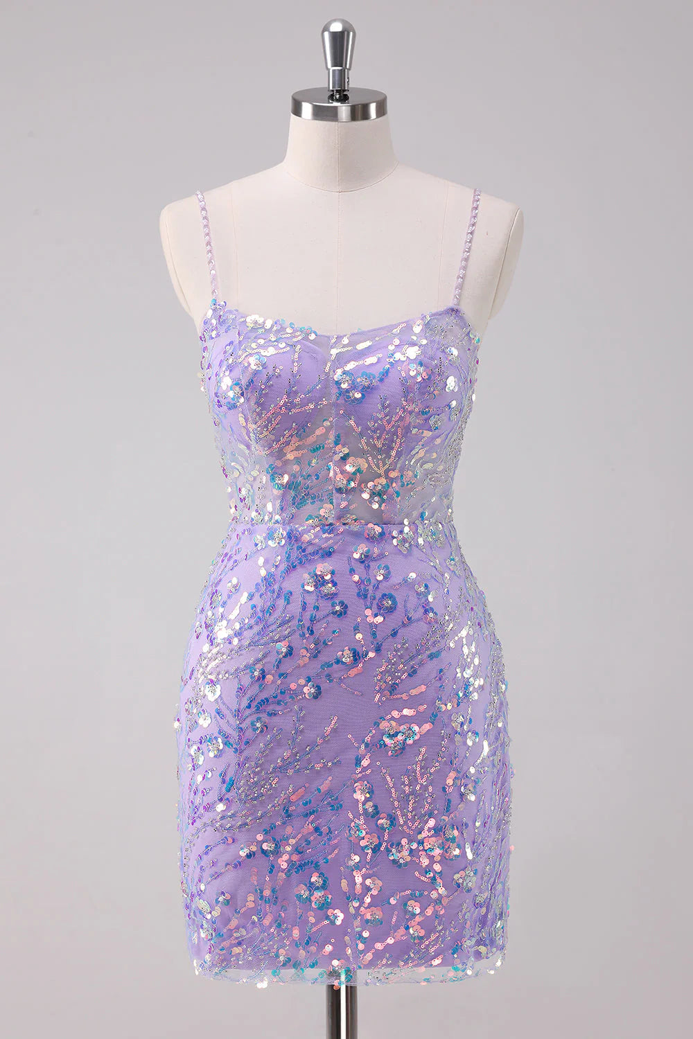 Amzcw Sparkly Purple Bodycon Spaghetti Straps Short Homecoming Dress with Sequins