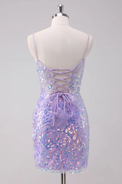 Amzcw Sparkly Purple Bodycon Spaghetti Straps Short Homecoming Dress with Sequins