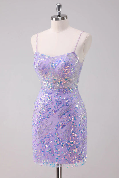 Amzcw Sparkly Purple Bodycon Spaghetti Straps Short Homecoming Dress with Sequins