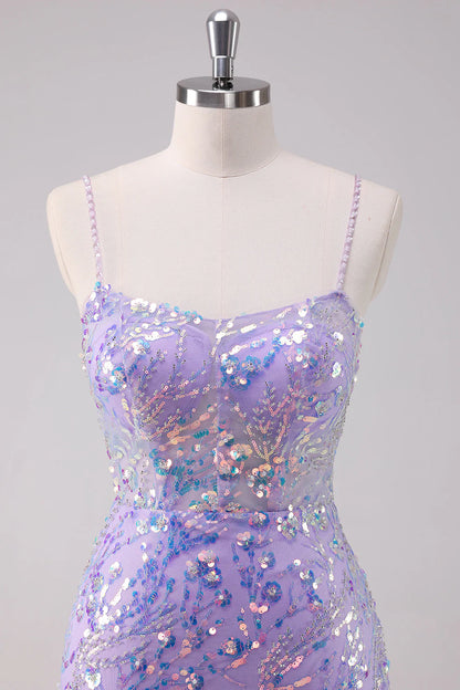Amzcw Sparkly Purple Bodycon Spaghetti Straps Short Homecoming Dress with Sequins