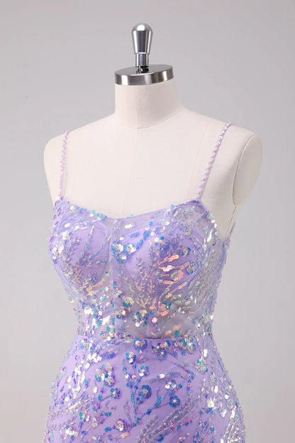 Amzcw Sparkly Purple Bodycon Spaghetti Straps Short Homecoming Dress with Sequins