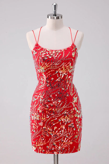 Amzcw Glitter Red Bodycon Spaghetti Straps Sequins Short Homecoming Dress