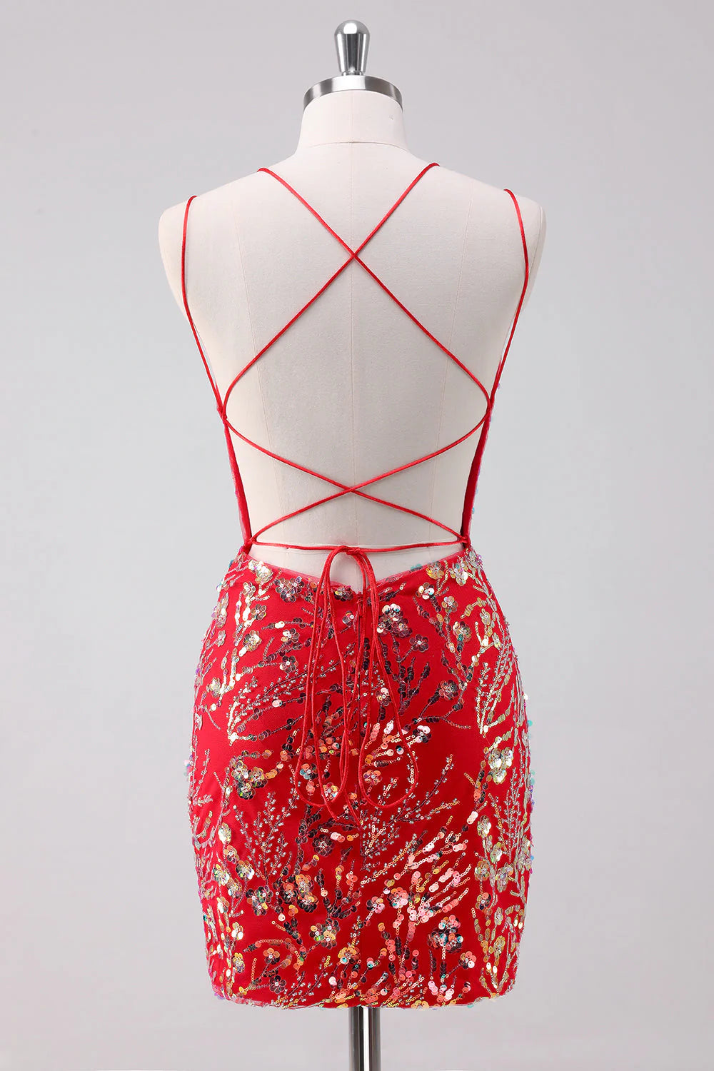 Amzcw Glitter Red Bodycon Spaghetti Straps Sequins Short Homecoming Dress