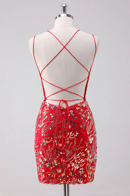 Amzcw Glitter Red Bodycon Spaghetti Straps Sequins Short Homecoming Dress