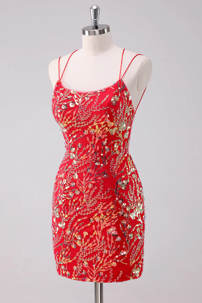 Amzcw Glitter Red Bodycon Spaghetti Straps Sequins Short Homecoming Dress