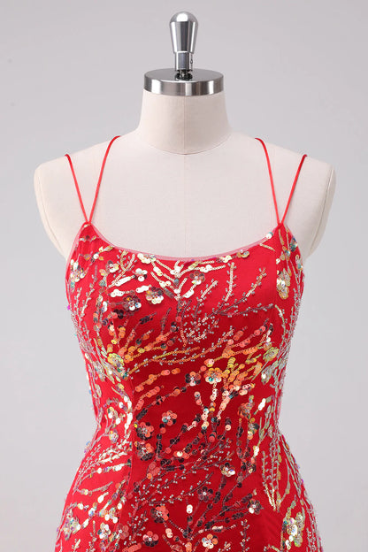 Amzcw Glitter Red Bodycon Spaghetti Straps Sequins Short Homecoming Dress