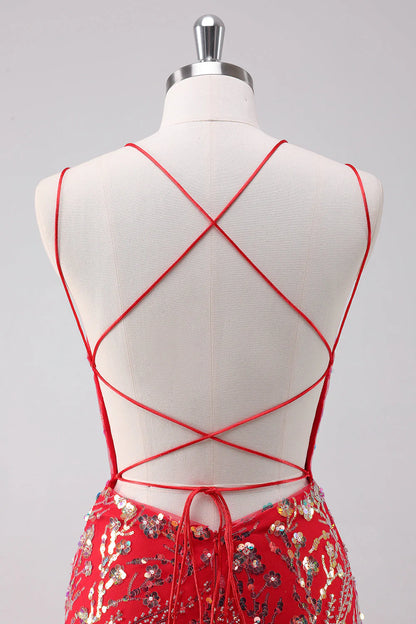 Amzcw Glitter Red Bodycon Spaghetti Straps Sequins Short Homecoming Dress