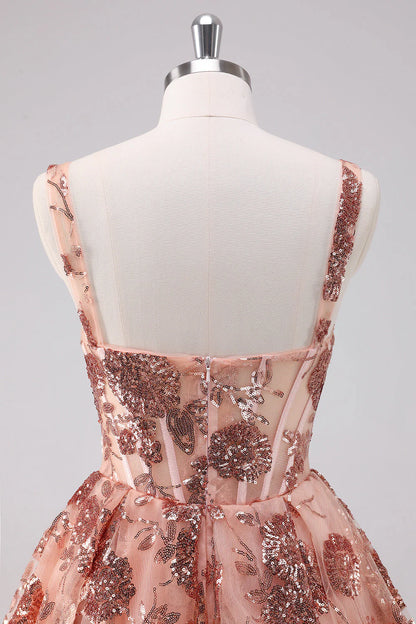 Amzcw Sparkly Blush A Line Spaghetti Straps Sequins Corset Short Homecoming Dress