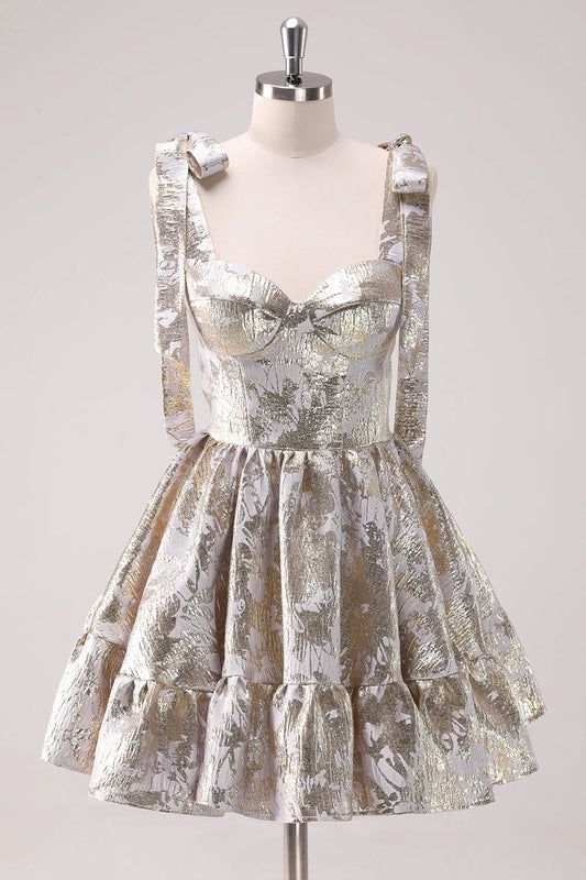 Amzcw Silver Adjustable Straps A Line Short Metallic Homecoming Dress with Ruffles