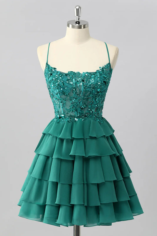 Exquisite Short Dress Sparkly Dark Green A Line Spaghetti Strap Sleeveless Lace Applique with Beading Layered Ruffles Backless Bargain Homecoming Dress