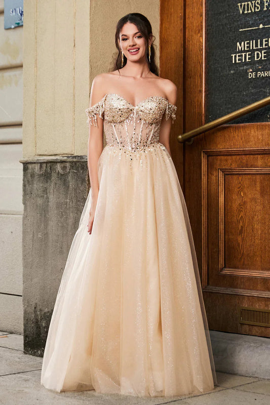Sparkle Tulle A-Line Off-the-Shoulder Sweetheart Neckline Sleeveless Beaded Backless Cheap Long Prom Dress