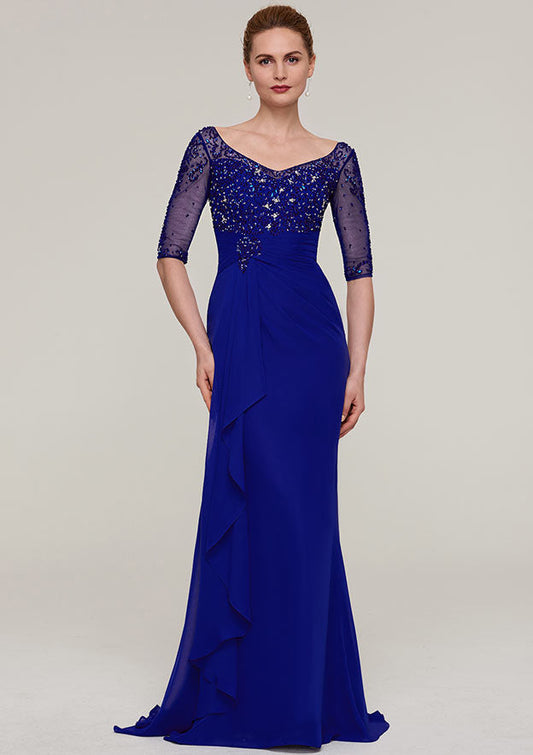Wedding Guest Dresses Navy Blue Sparkle Chiffon Sheath V Neck Half Sleeve With Rhinestone Tiers Ruffles Sweep Train Hot Sale Mother of the Bride Dress
