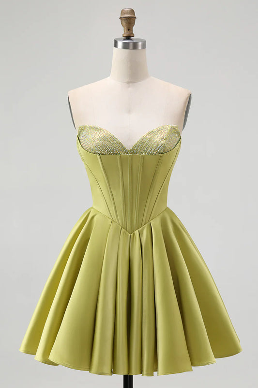 Fashion Short Dress Sparkly Green Satin A-Line Strapless Sweetheart Sleeveless with Beading Backless Bow Ruched Bargain Homecoming Dress