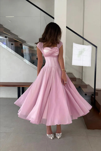 Midi Evening Dresses with Square Neck Tulle Cap Sleeve Corset Bodice and Flared Tulle Skirt