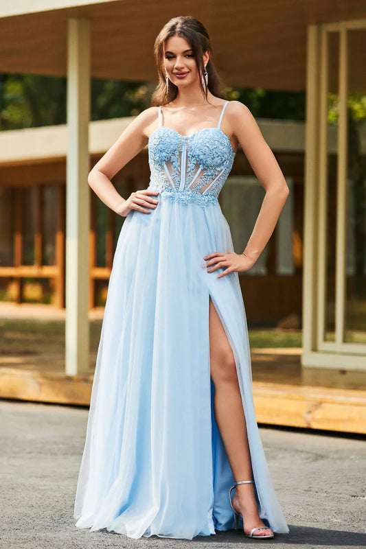 Exquisite Light Blue Tulle A Line Spaghetti Straps Sweetheart Neckline Sleeveless Lace Applique Lace Up Backless Side Fork Cheap Long Prom Dress