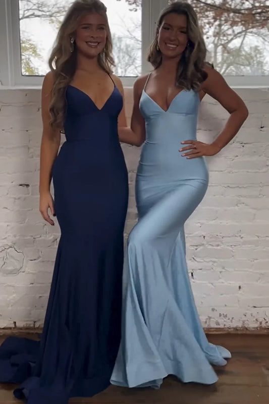 Pretty Satin Mermaid Spaghetti Straps V Neck Sleeveless Pleated Lace Up Back Sexy Hot Sale Long Prom Dress