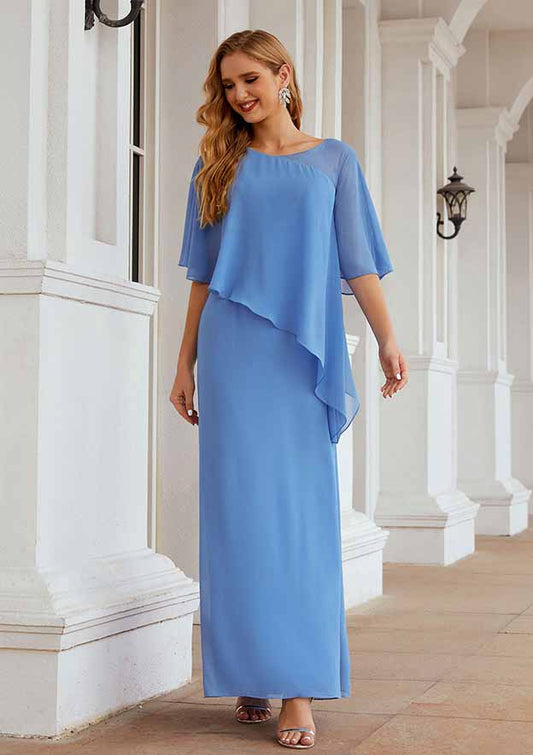 Elegant Wedding Guest Dresses Blue Chiffon Sheath/Column Scoop Neck Batwing Sleeve Ruched Ankle-Length Hot Sale Mother of the Bride Dress
