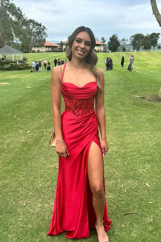 Red Trendy Mermaid Spaghetti Straps Sweetheart Neckline Sleeveless Sequin Pleated with Split Front Backless Hot Sale Long Prom Dress