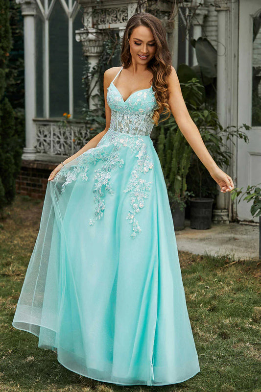 Fashion Mint Tulle A Line Spaghetti Strap V Neck Sleeveless Lace Applique Lace Up Backless Cheap Long Prom Dress