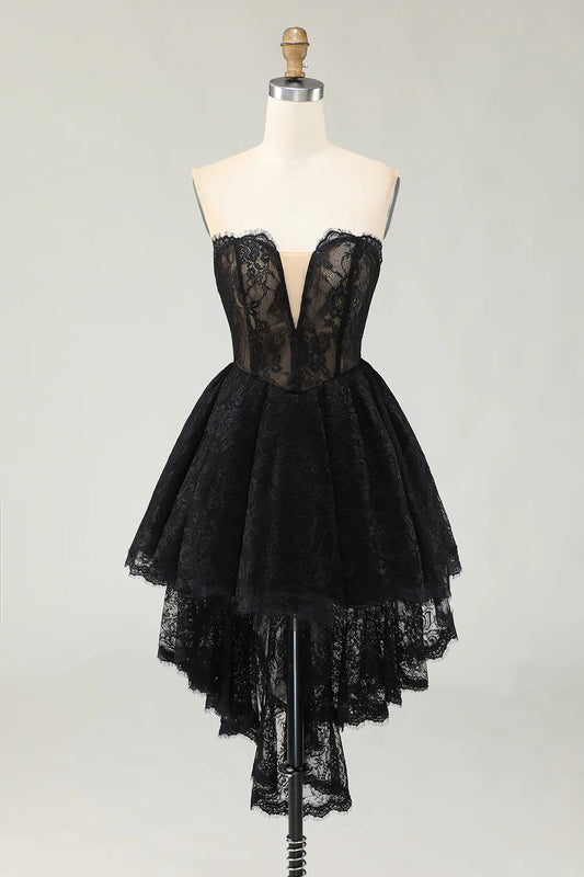 Charming Short Dress Black Lace A Line Strapless Sweetheart Sleeveless High-Low with Ruffles Backless Bargain Homecoming Dress