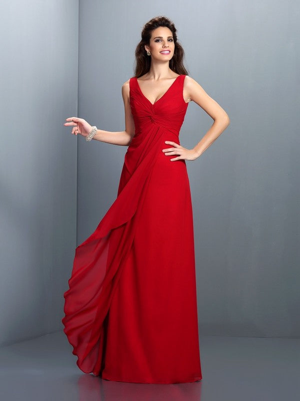Vestidos de dama de honor largos de gasa con corte A/princesa, tirantes, pliegues y sin mangas
