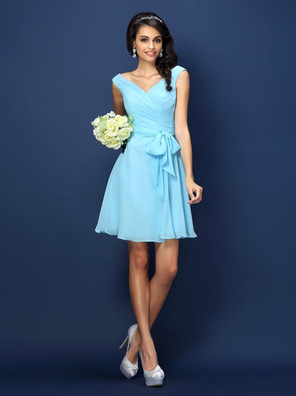 Vestidos de dama de honor cortos de gasa, corte A/princesa, escote en V, pliegues, lazo, sin mangas