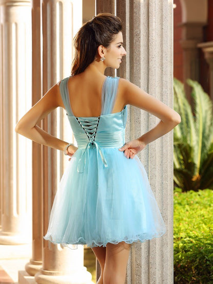 Vestidos de cóctel cortos de red, sin mangas, con escote en V, corte A/princesa y pliegues