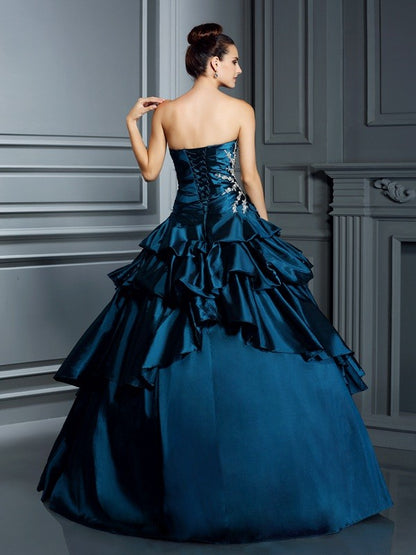Vestidos de quinceañera largos de tafetán sin tirantes con cuentas y sin mangas