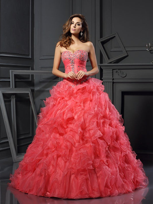 Vestidos de quinceañera largos de organza sin mangas con volantes y escote corazón