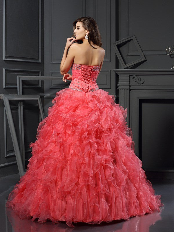 Vestidos de quinceañera largos de organza sin mangas con volantes y escote corazón