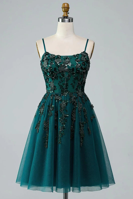 Luxury Short Dress Sparkly Dark Green A Line Spaghetti Strap Sleeveless with Beading Backless Bargain Homecoming Dress