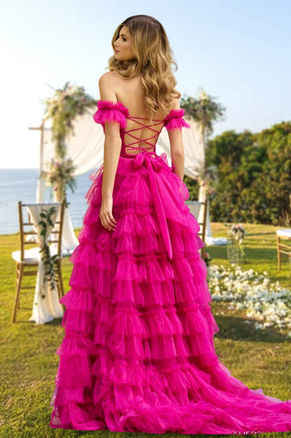 A-Line/Princess Off-The-Shoulder Long Prom Evening Party Dresses With Split Side & Ruffles